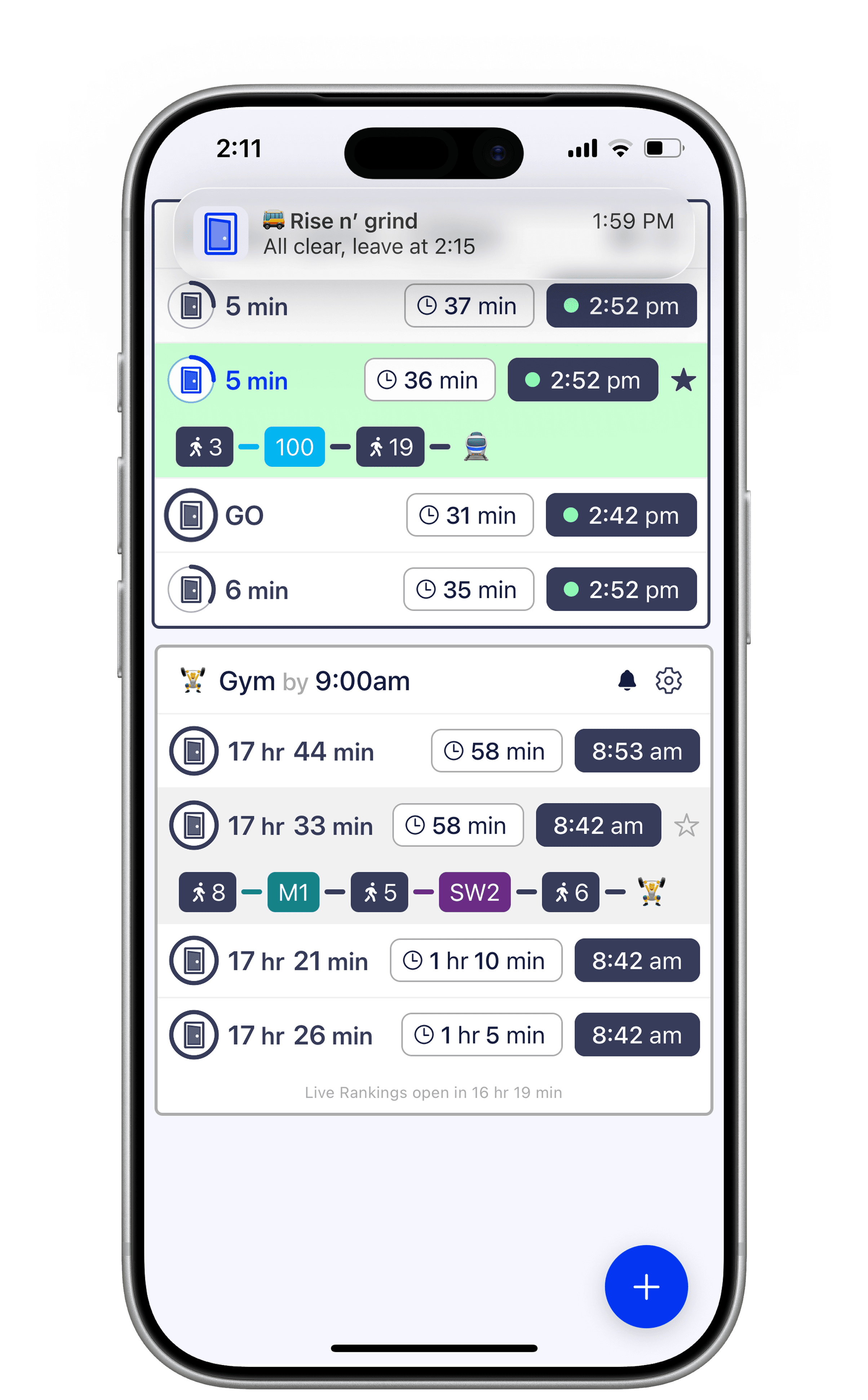 nonstopp home screen showing two saved trips with live countdowns and route options