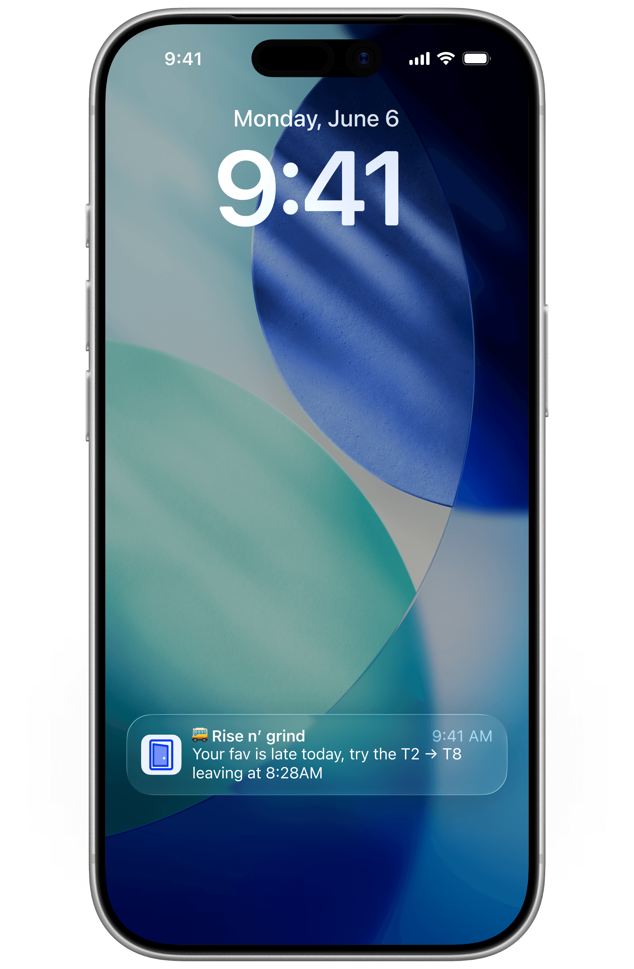 iPhone lock screen showing a nonstopp push: your favourite line is late, leave 8:28am via T8